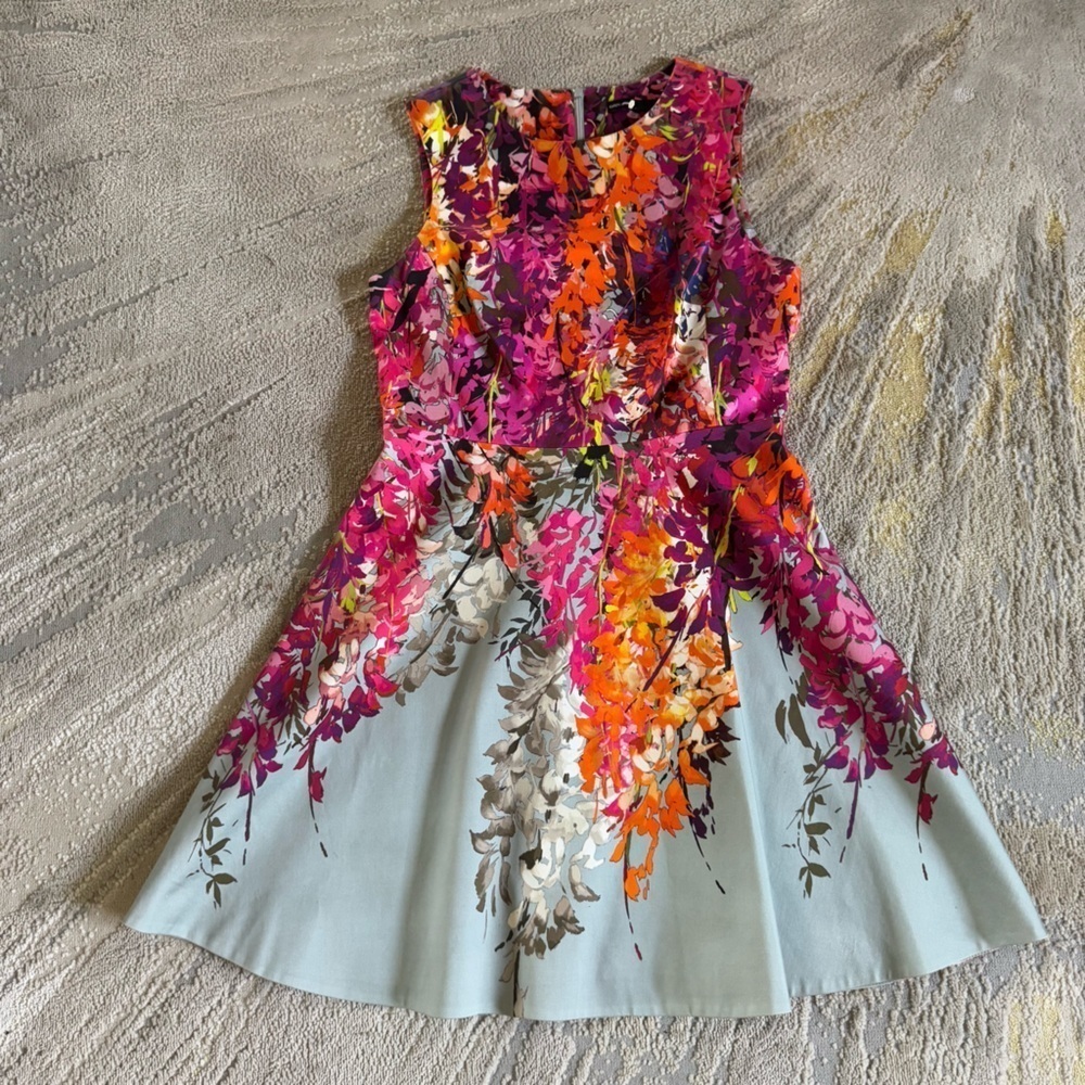 Karen Millen mini dress sleeveless flared floral classy pink gray 10 - Picture 2 of 14